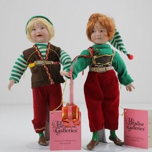 Paradise Galleries Porcelain Christmas Elf Dolls Set of 2 Vintage Holiday Decor